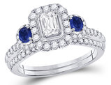4/5 Carat (ctw G-H, I1-I2) Emerald-Cut Diamond Engagement Ring and Wedding Band Set in 14K White Gold with Blue Sapphires